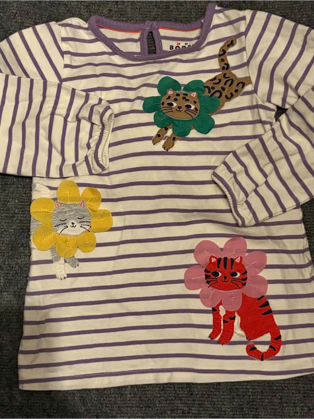 Mini Boden Purple & White Striped Long-Sleeve Tee with Floral Cat Appliqués